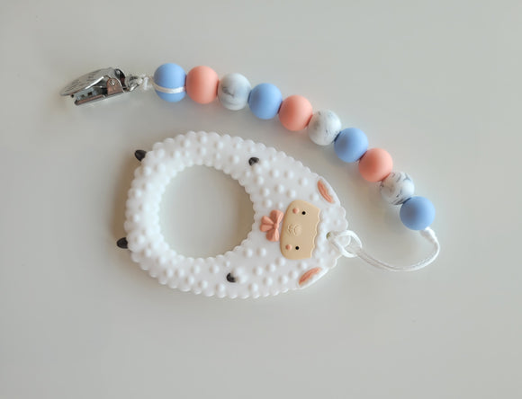Teether Set with Clip - Peach and Blue Sheep