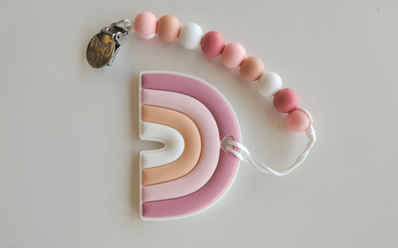Teether Set with Clip - Pastel Pink Rainbow