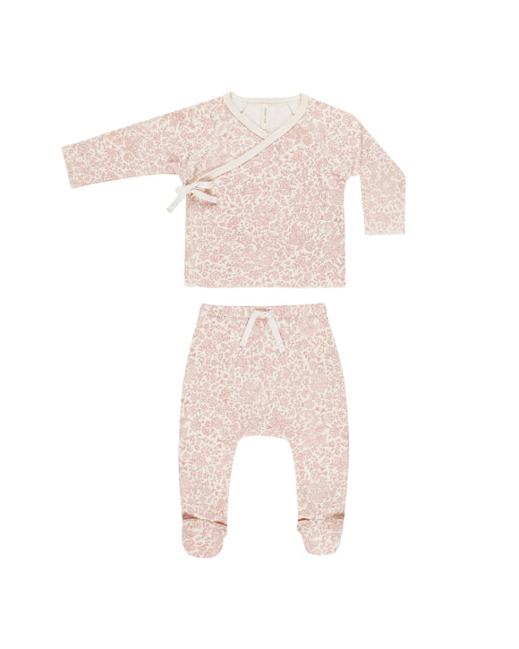 Wrap Top + Footed Pant Set - Pink Blossom