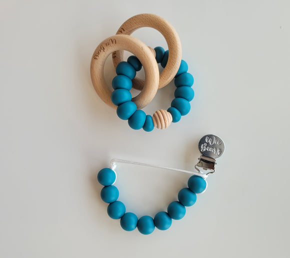 Wood Ring Teether Set with Clip - Ocean