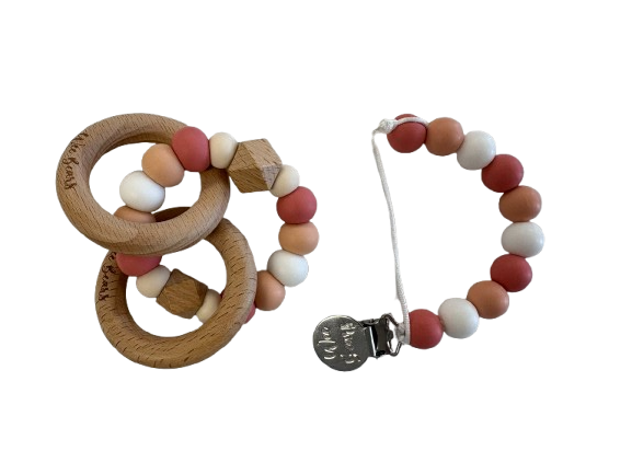 Wood Ring Teether Set with Clip - Peachy