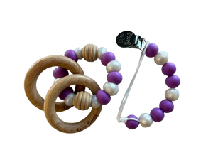 Wood Ring Teether Set with Clip - Purple + Pearl