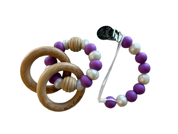 Wood Ring Teether Set with Clip - Purple + Pearl