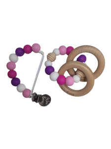 Wood Ring Teether Set with Clip - Pink & Purple