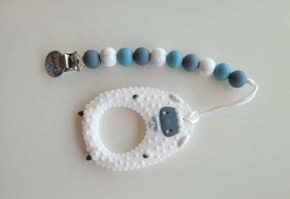 Teether Set with Clip - Blue and Grey Sheep