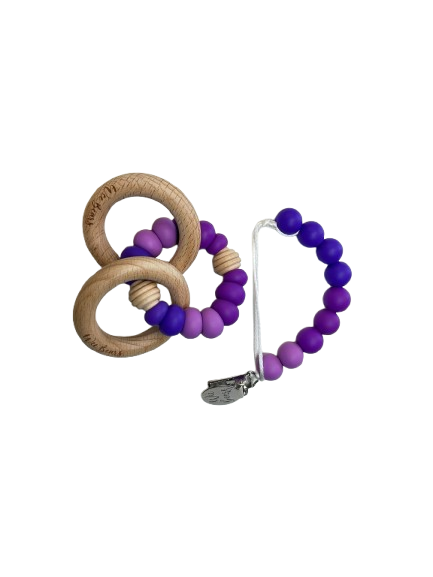 Wood Ring Teether Set with Clip - Purple Ombre