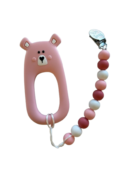 Teether with Clip - Pink Bear