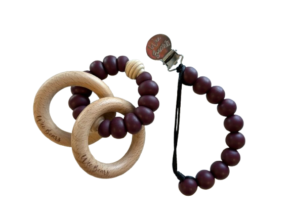Wood Ring Teether Set with Clip - Mulled Wine