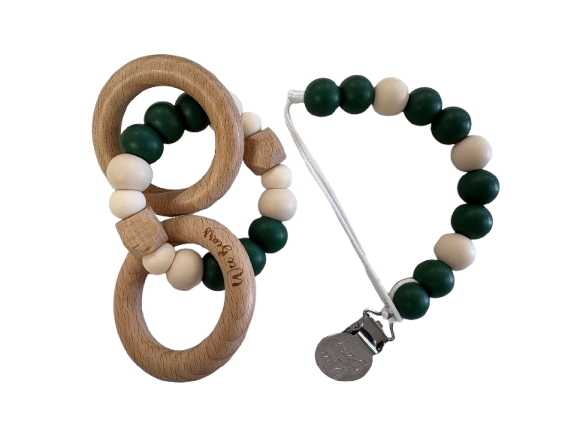 Wood Ring Teether Set with Clip - Forest Green