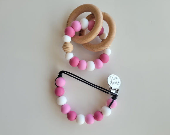 Wood Ring Teether Set with Clip - Bubblegum