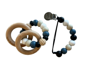 Wood Ring Teether Set with Clip - Black + Blue