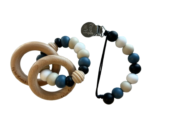 Wood Ring Teether Set with Clip - Black + Blue