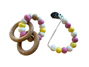 Wood Ring Teether Set with Clip - Pink + Yellow