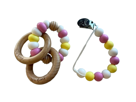 Wood Ring Teether Set with Clip - Pink + Yellow