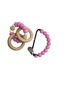 Wood Ring Teether Set with Clip - Bubblegum