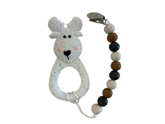 Wee Bears Animal Teether with Clip - Speckle Moose